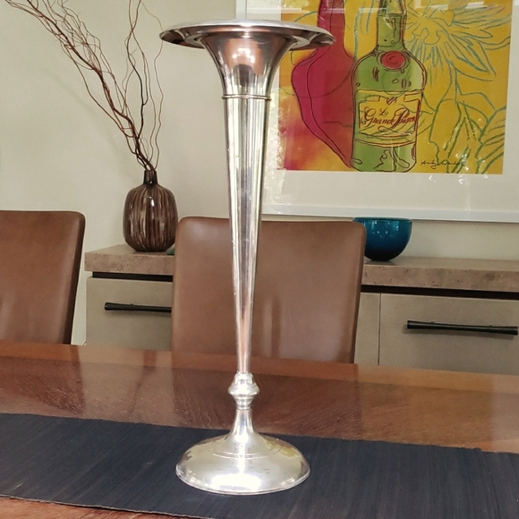 VTG tall Silver Metal Trumpet Vase, 24"
